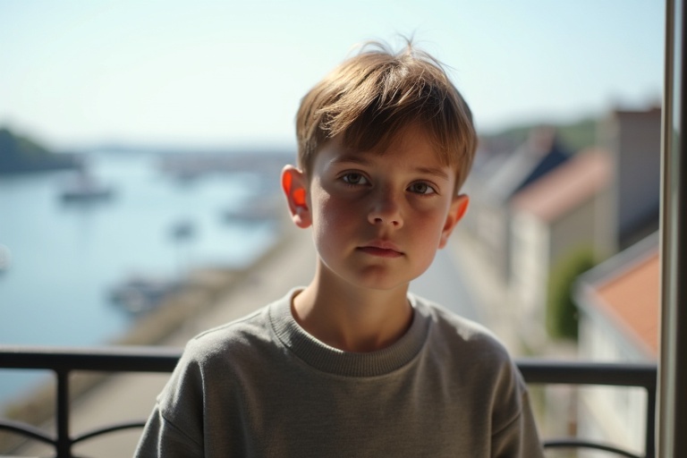 A young boy wearing a sweat-shirt stands on a balcony. He has short light brown hair. Background shows a sunny harbor in Normandy. The scene is peaceful and quiet.