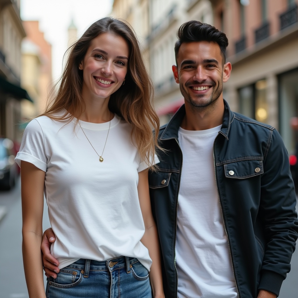 A temporary placeholder banner featuring a woman in a T-shirt and a man in a jacket on a street. The setting showcases an urban environment with natural light. The figures stand together, displaying casual fashion suited for a lifestyle brand. Emphasis on modern and stylish youth culture.