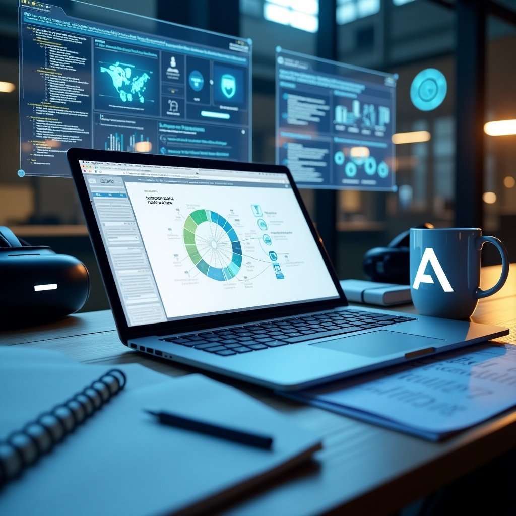 depict a workspace featuring a laptop displaying data visualizations. include graphs and analytics on screens in the background. include a mug and stationary items on the desk.