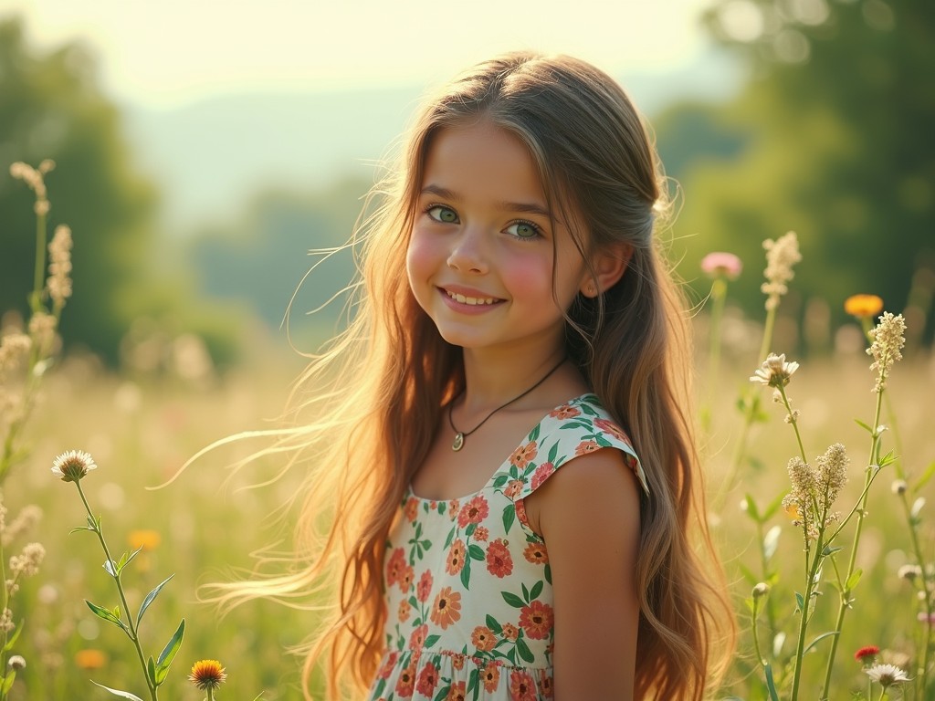 A young girl stands in a sunlit meadow, wearing a floral dress that complements the blooming flowers around her. Her long hair flows gently with the breeze as she smiles joyfully. The warm, golden light captures the essence of a carefree summer day, evoking feelings of nostalgia and happiness.