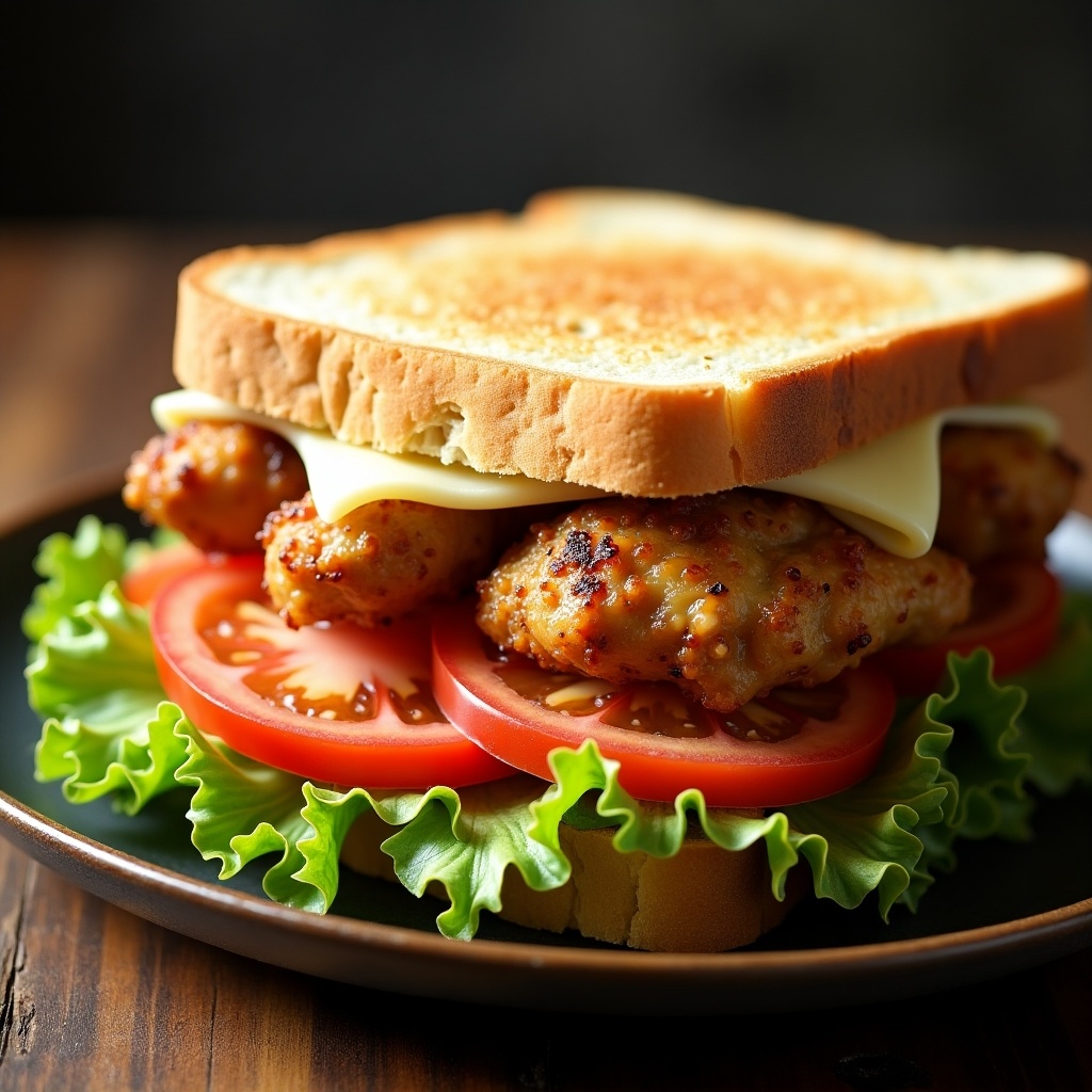 The image features a delicious sandwich made from tender pieces of chicken, perfectly cooked in a pan, layered with white cheese. The sandwich is constructed with slices of toasted bread that give a golden brown appearance. Crisp iceberg lettuce and fresh tomato slices provide vibrant colors and textures, enhancing the sandwich's appeal. The combination of ingredients creates a mouthwatering look, making it an inviting choice for lunch. This sandwich embodies comfort food at its best, perfect for any meal of the day.