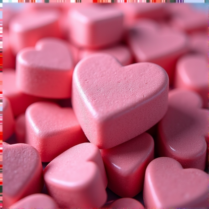 A close-up view of pink, heart-shaped candies clustered together.