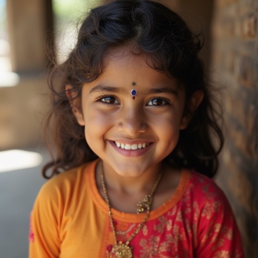 Portrait of an Indian girl wearing vibrant traditional attire and ornaments. The scene features natural lighting with soft shadows highlighting the attire.