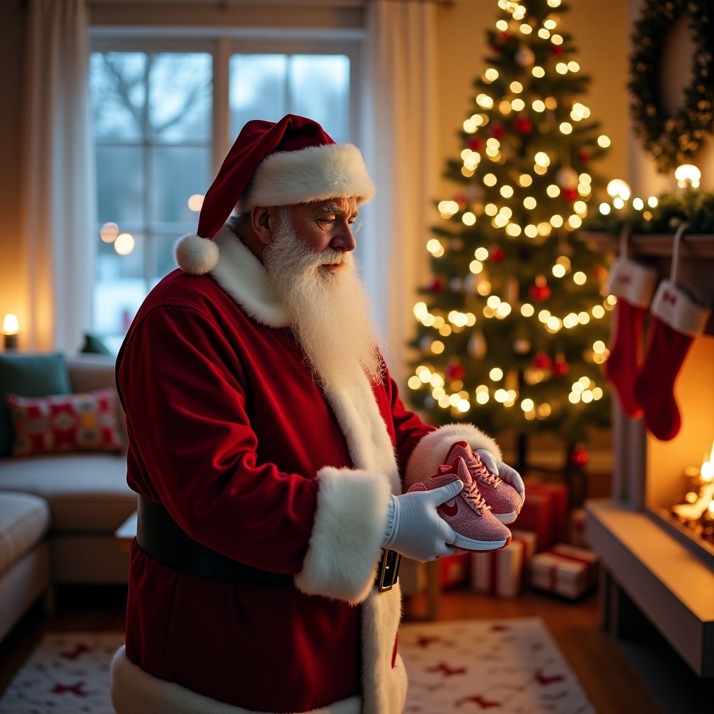 Santa Claus giving away Nike shoes in a decorated living room with Christmas tree and lights