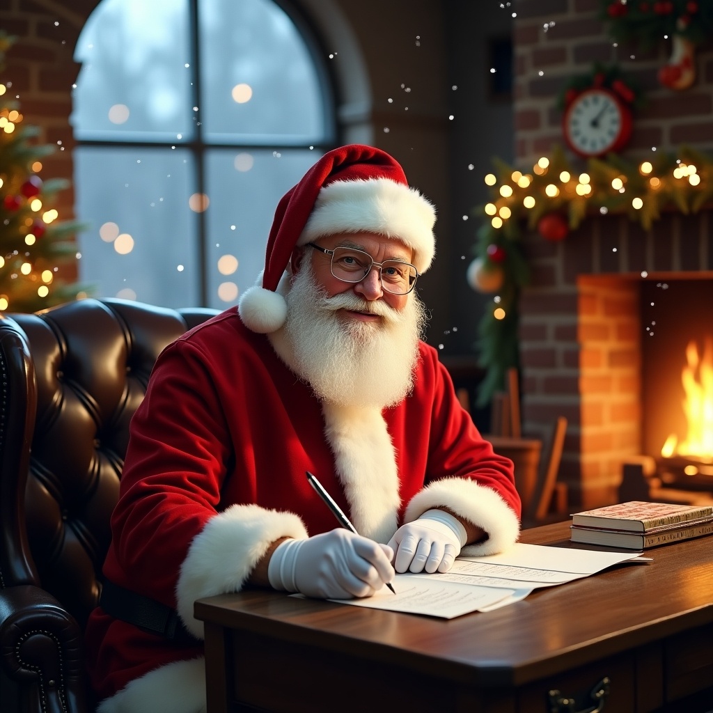 The image depicts Santa Claus sitting at a wooden desk, writing a letter. He is dressed in his iconic red suit with white fur trim and a matching hat. Behind him is a warm and inviting fireplace surrounded by Christmas decorations. The room is softly lit with twinkling holiday lights, and snow is gently falling outside. Papers and a quill are on the desk as he focuses on his writing, embodying the spirit of Christmas cheer and joy. This setting evokes a sense of nostalgia and warmth, perfect for the holiday season.