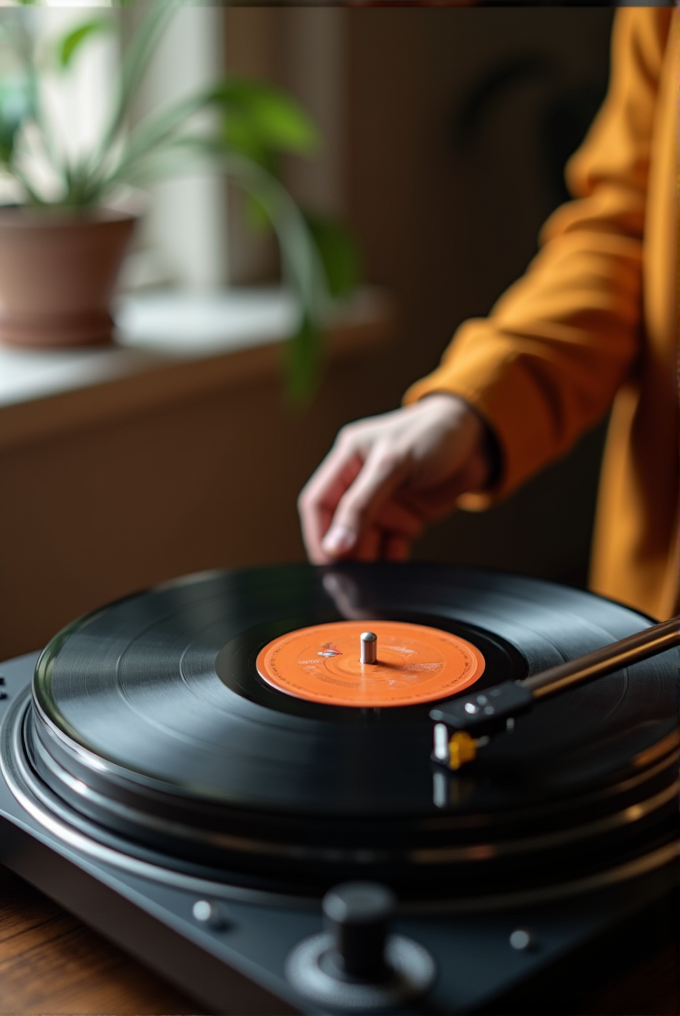 A person in an orange sweater adjusts a vinyl record on a turntable beside a potted plant.