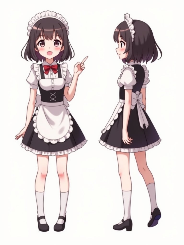 Anime character in maid dress illustrated in cute expressions three poses shown front side back views