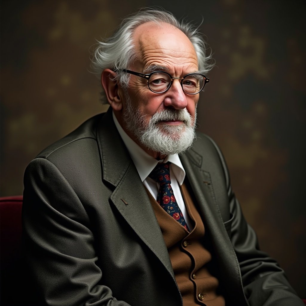 Image of an elderly man in formal attire seated on a red chair. Soft lighting creates warmth. The background is plain with warm tones. Focus on the upper body.