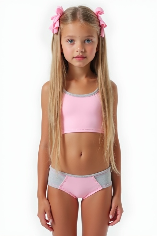 Girl stands in front of a white background. Girl wears a crop top with shorts. Girl has long straight blonde hair with bows. Tanned skin is beautiful. The expression is sultry and realistic. Girl has beautiful legs and features.