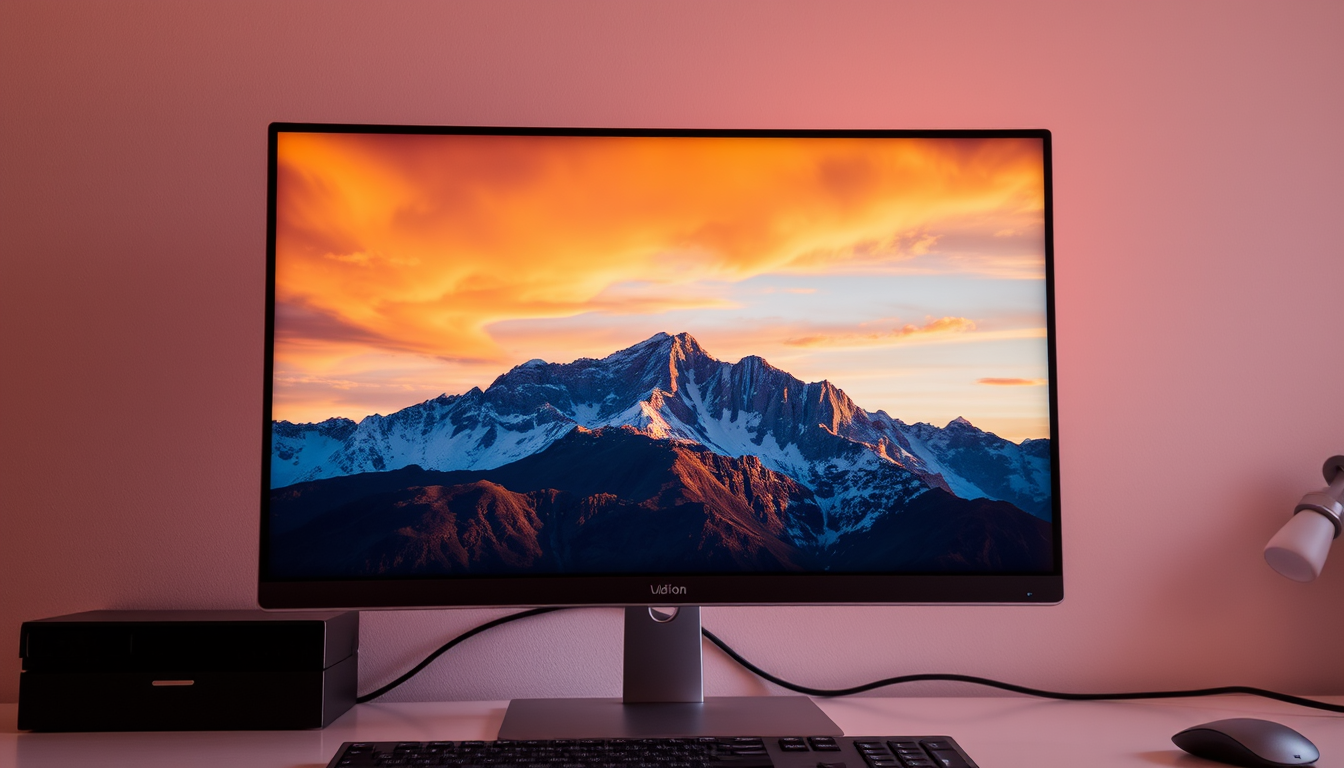 A sleek monitor on a desk displays a vibrant image of snow-capped mountains under a warm, glowing orange sky.