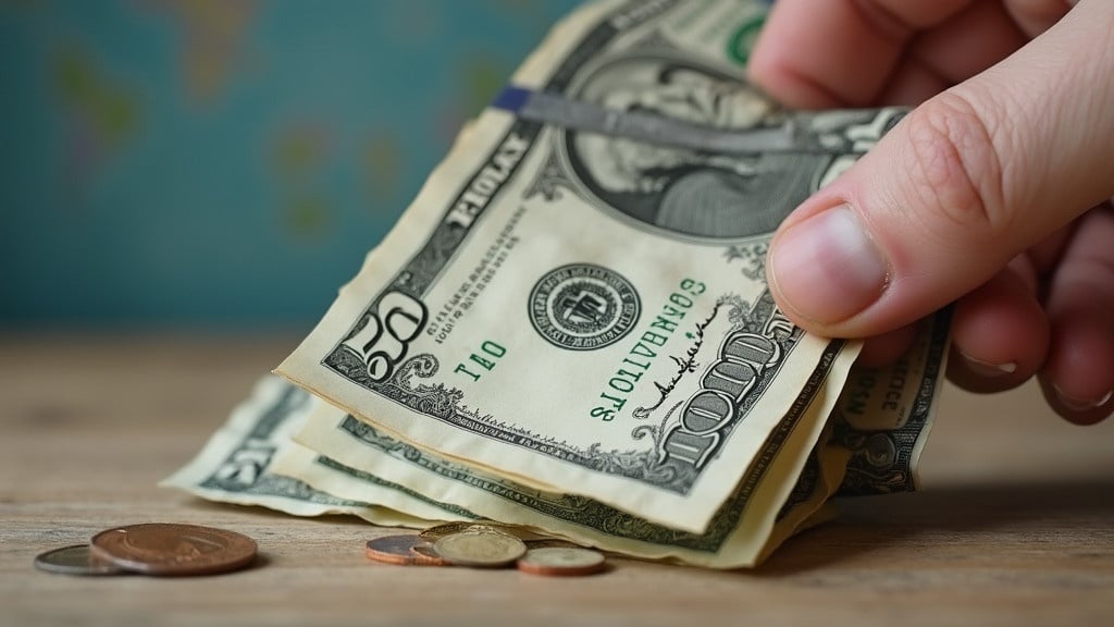 Image depicts a hand holding diverse denominations of cash with coins on wooden table. Focus on the act of collecting money. Glimpse of world map in the background. Money represents financial success and approval of loans.