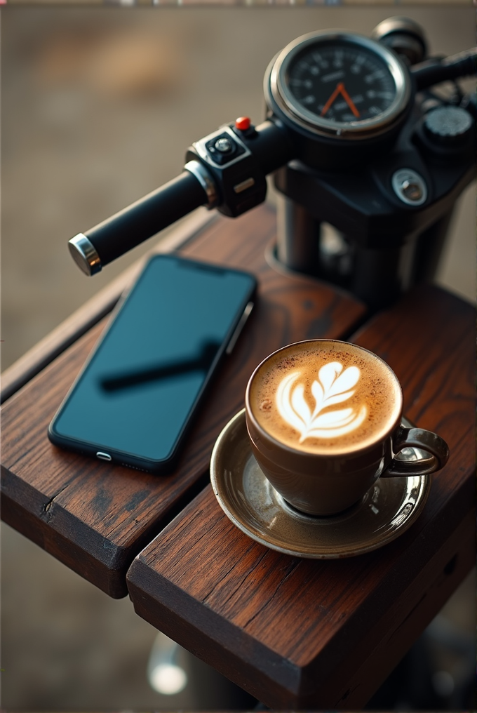 A cappuccino with latte art rests beside a motorcycle handlebar and a smartphone on a wooden table.