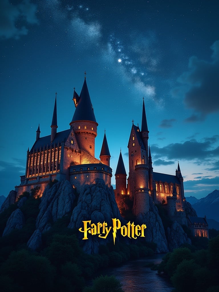 Magical castle stands against the night sky. Stars shine magnificently. Castle glows with warm light. The name Harry is displayed in elegant gold script.