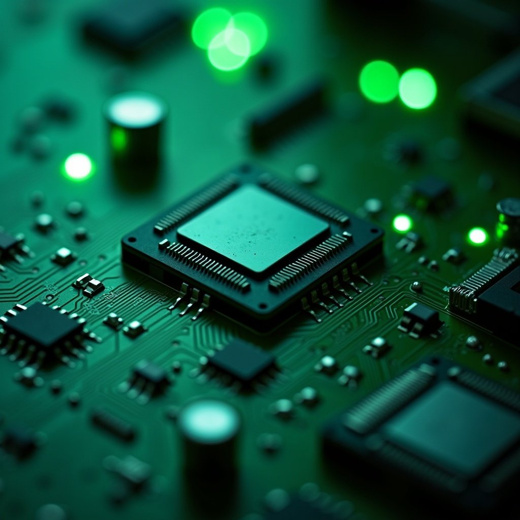 A microchip on a green circuit board. Green lights glow around it. Focus on technology.