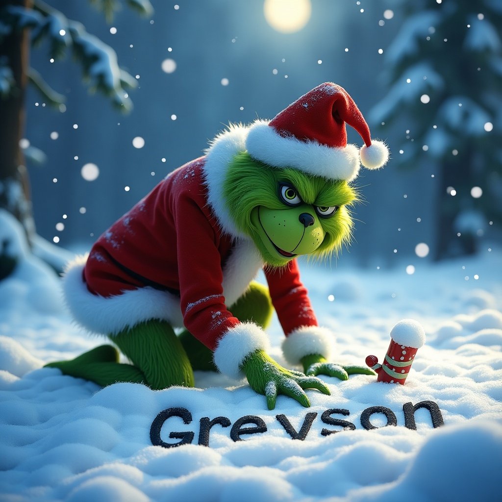 The Grinch is in a snowy landscape. The Grinch is wearing a red Santa suit. The Grinch is writing the name Greyson in the snow. The scene is festive with snowflakes falling.