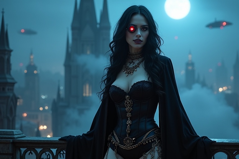 A seductive steampunk vampire queen stands on a gothic balcony. Long wavy black hair and glowing red eyes are visible. Tight corset-style dress features intricate lace and leather. Long dark cape flows behind her. Outfit adorned with metallic gears and gothic jewelry. High-tech monocle glows faintly. Background features a Victorian-style city with foggy towers and airships. Expression is regal and dangerous with sharp fangs and a smirk. Dramatic lighting casts an eerie glow.