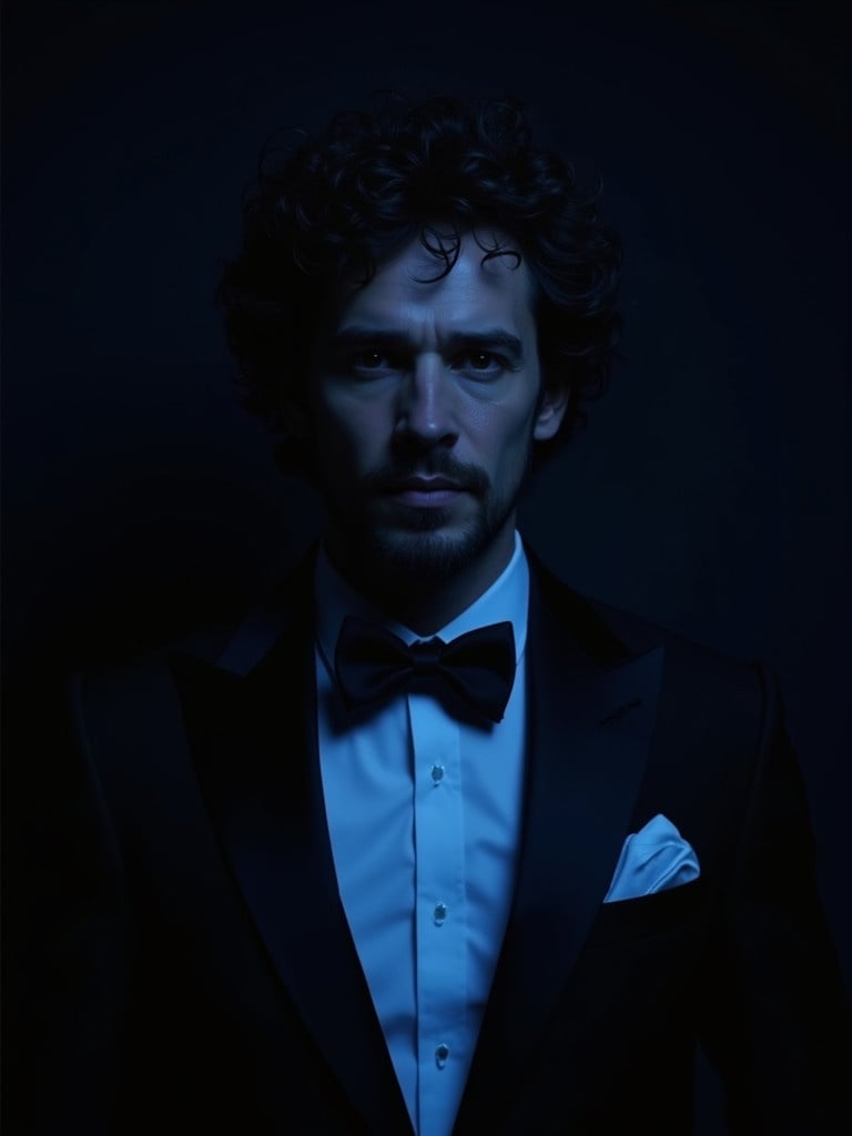 A man wearing a tuxedo stands straight ahead against a dark background. His shirt is highlighted with blue light. The focus is on his attire and the dramatic effect of the lighting. The image is in high definition and photorealistic quality.