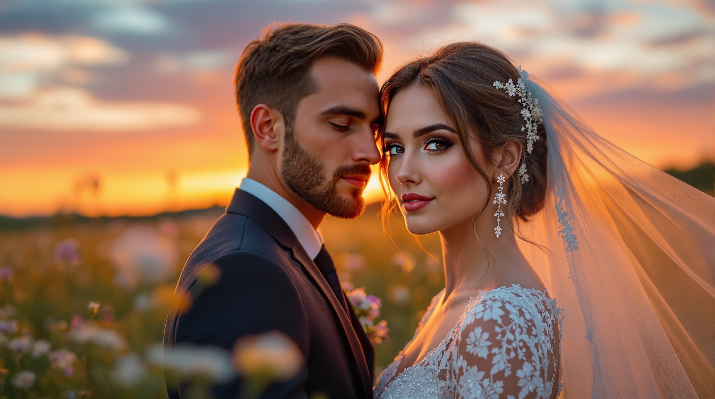 Portrait of a bride and groom at sunset in a meadow. The couple stands close together. Wildflowers in soft focus. A gentle breeze moves the bride’s veil. The sky is vibrant with sunset colors. Shot with Canon EOS 5D Mark IV for sharp detail and rich colors.