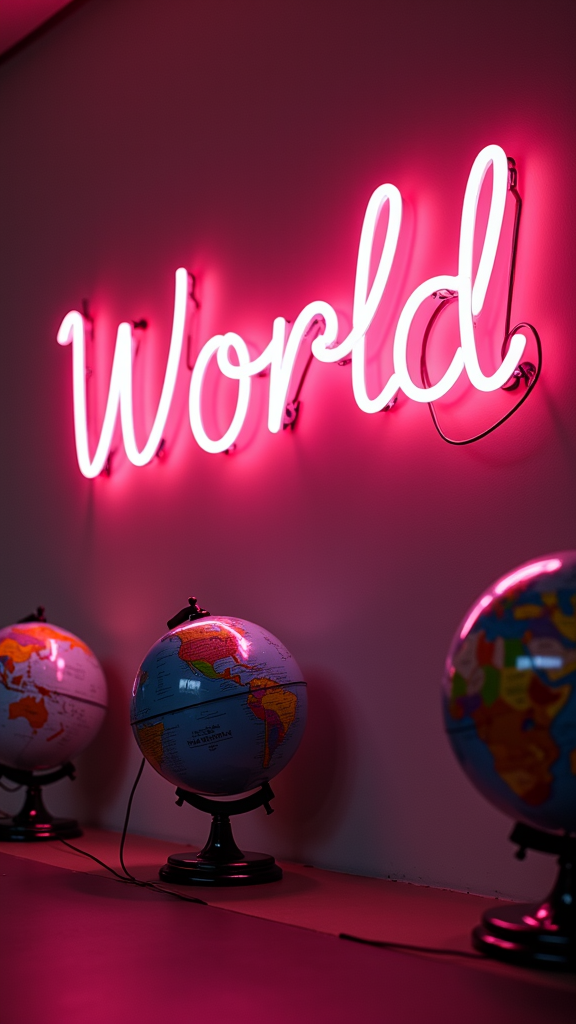 A vibrant neon pink sign spelling 'World' is mounted on a wall, casting a glow on the row of three classic globes resting on a shelf below.