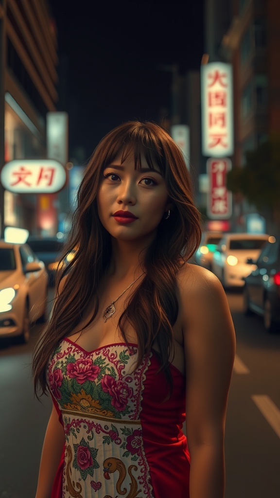 A woman stands confidently on a bustling city street at night, illuminated by the warm glow of vibrant neon signs. She wears a colorful, intricately embroidered dress that adds a touch of elegance to the urban setting. The blurred cars and signs in the background contribute to an atmosphere of lively urban nightlife and modernity.