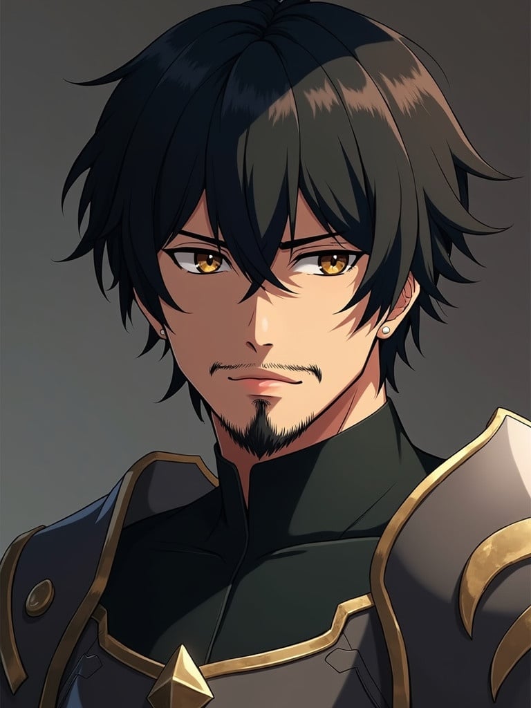 Image of a hyper-realistic male anime character in his 20s with stylish short black hair. Strong defined chin and serious expression highlight his character. Brown eyes and facial hair complement his look. Dressed in Capricorn Knight armor from Knights of the Zodiac. Studio lighting creates depth with shadows.