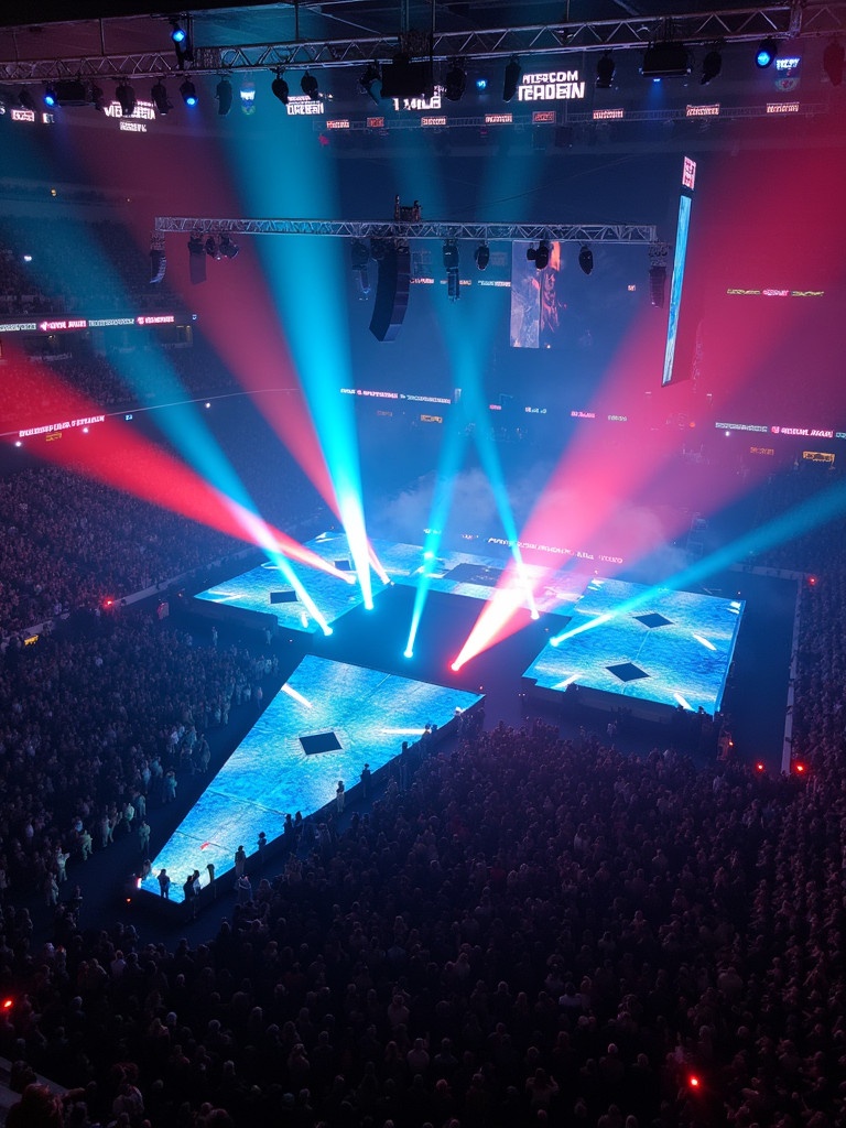 Travis Scott concert at Madison Square Garden featuring a T-shaped runway and dynamic stage. Aerial view showing the crowd excitement and colorful lights. Unique atmosphere of a live performance.