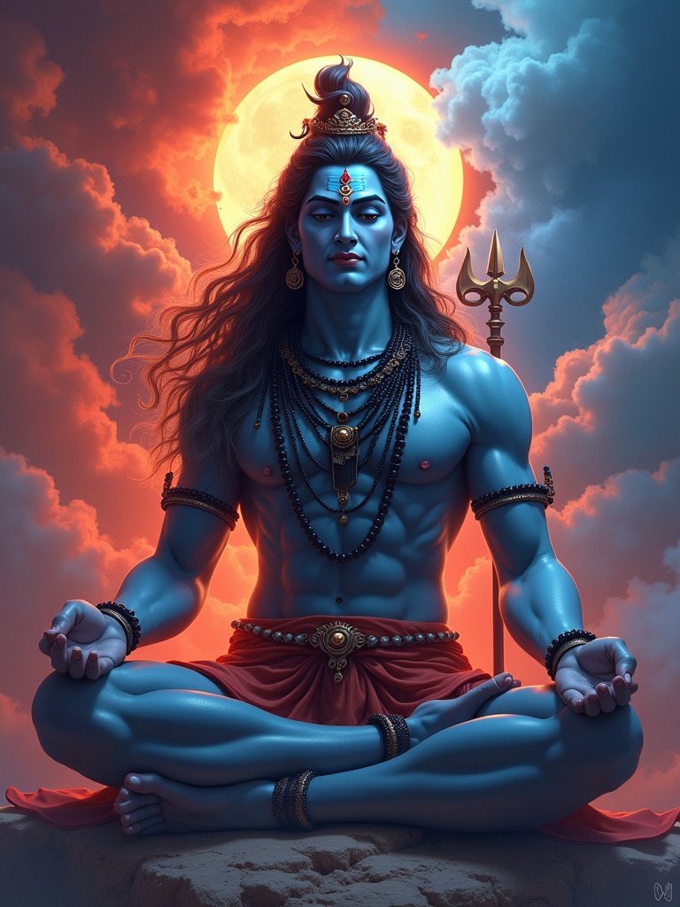 Digital painting of Lord Shiva, the Hindu god of destruction and transformation in a celestial background with vibrant red and blue tones. Depicted with long hair and a calming meditative expression surrounded by fire and clouds. The lighting highlights his power. Muscular form adorned with beads and trident.