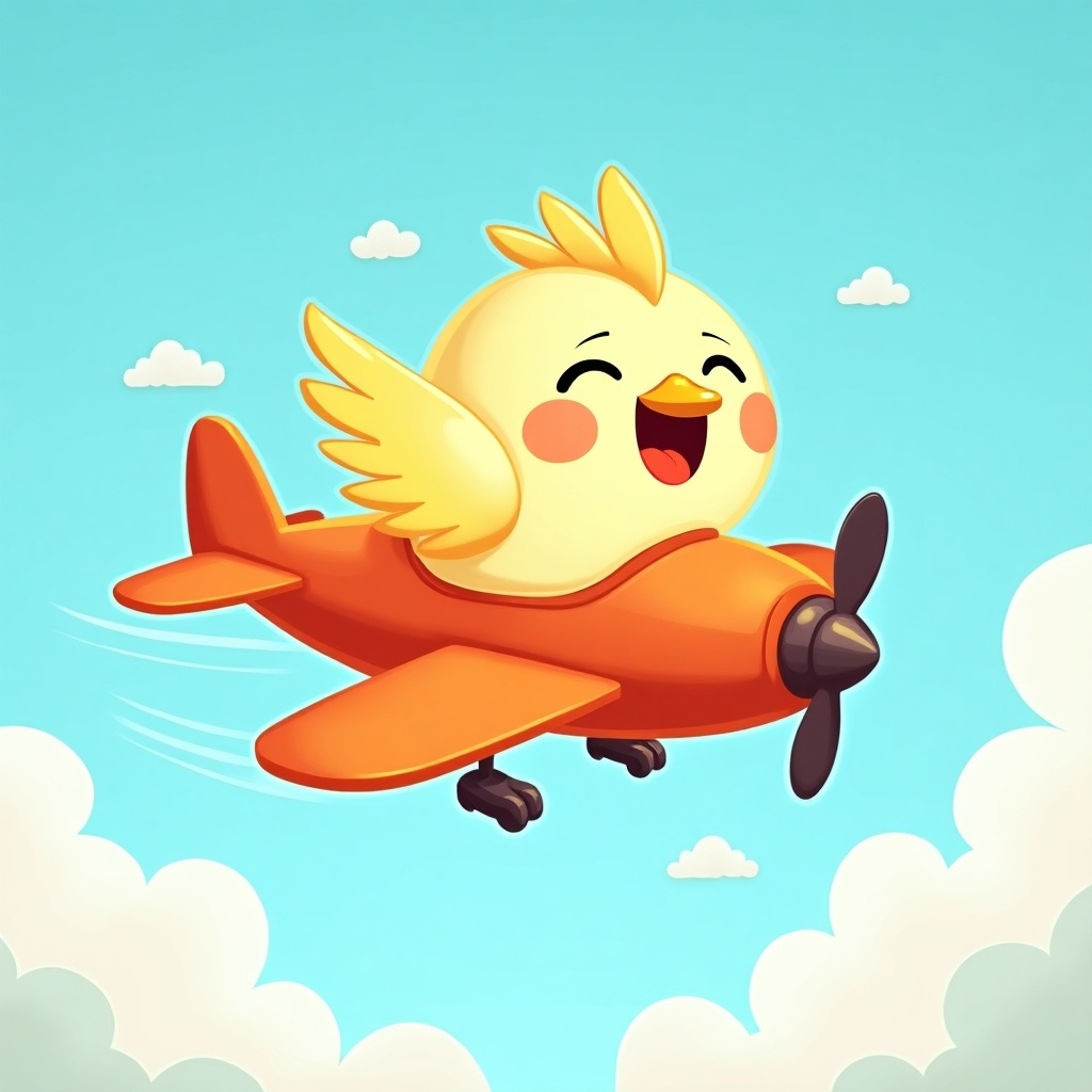 This vibrant illustration depicts a cheerful, anthropomorphic bird joyfully soaring through the sky. The bird is uniquely combined with an orange propeller airplane, creating an animated and whimsical appearance. The background features a clear blue sky with fluffy clouds, adding to the sense of adventure and freedom. The design is colorful and engaging, aimed at capturing the joy of flight and exploration. This art could appeal to children and those young at heart, inviting imagination and fun.