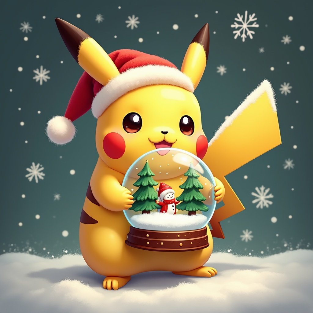 Pikachu character holding a Christmas snow globe with trees and a tiny figure in it. Background filled with snowflakes. Cozy winter ambiance with festive decorations.