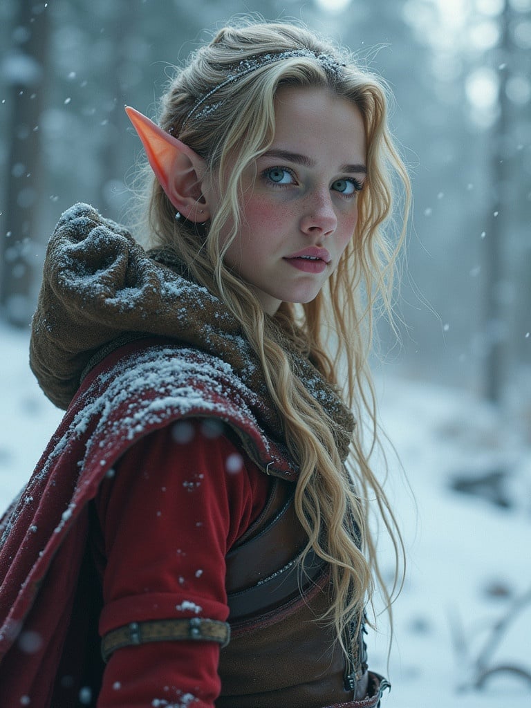 Female elf stands in a snowy forest. Elven features are prominent. Long blonde hair drapes over shoulder. Red cloak with a brown shoulder piece enhances the magical appearance. Snowflakes fall around the serene landscape.