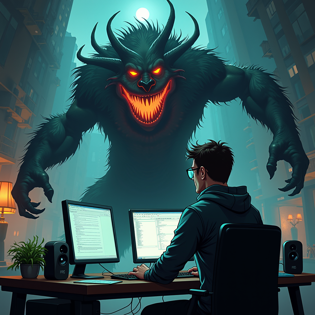 In a dark, shadowy alley, a man obliviously codes on dual monitors while a menacing shadowy monster looms behind him, glowing eyes and razor-sharp teeth illuminated by the eerie moonlight.