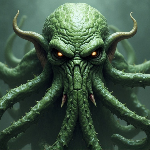 Cthulhu character with an exaggerated human face. Eye-catching tentacles and mythical features. Shades of green and dark background. Eerie glow from eyes. Detailed textures and mythical vibe.