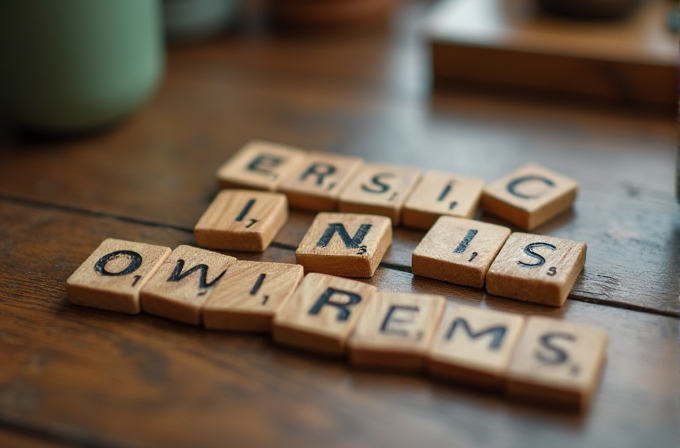 Scrabble tiles arranged randomly on a wooden table.