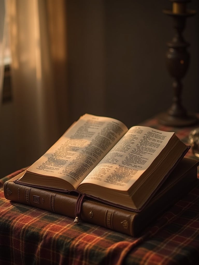 An open Bible gracefully displayed on a table. The pages are well-worn and visible. Soft natural light highlights the text. The setting is cozy with warm decor.