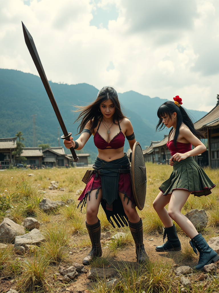 Two women, dressed as fantasy warriors, stand ready for battle with mountain scenery in the background.