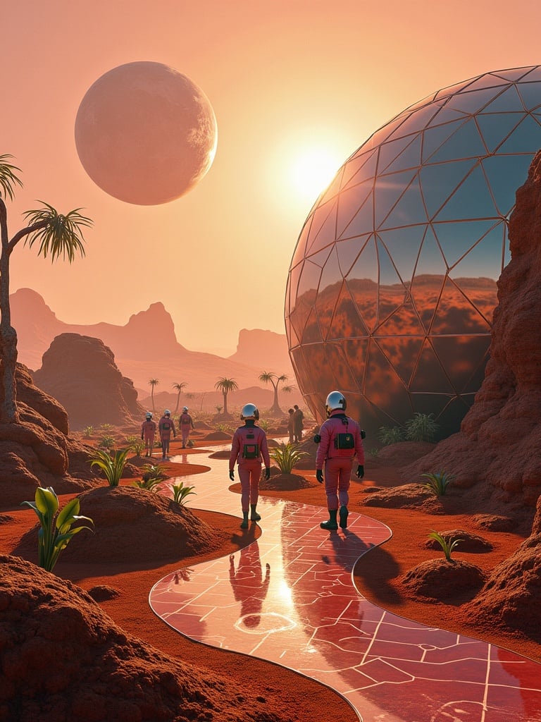 A family of colonists performs daily tasks in a Martian colony. They wear partially transparent spacesuits. A massive geodesic dome reflects the Martian landscape. It is sunset with Earth hanging in the sky. Vegetables grow in geometric patterns. Hydroponic tubes move water that appears to flow upward. Plants emerge from floating soil spheres. The atmosphere has a golden hour effect. Shadows fall in unsettling ways. Dust devils dance like melting clocks. The scene blends the mundane with cosmic wonder.