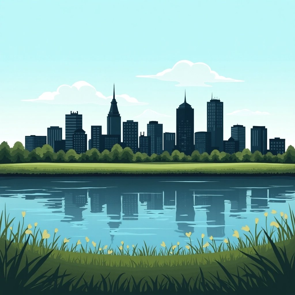 Panoramic illustration of a city skyline. Buildings in black silhouette against a blue sky. Calm light blue water reflects the skyline. Grass and trees are green in the foreground.