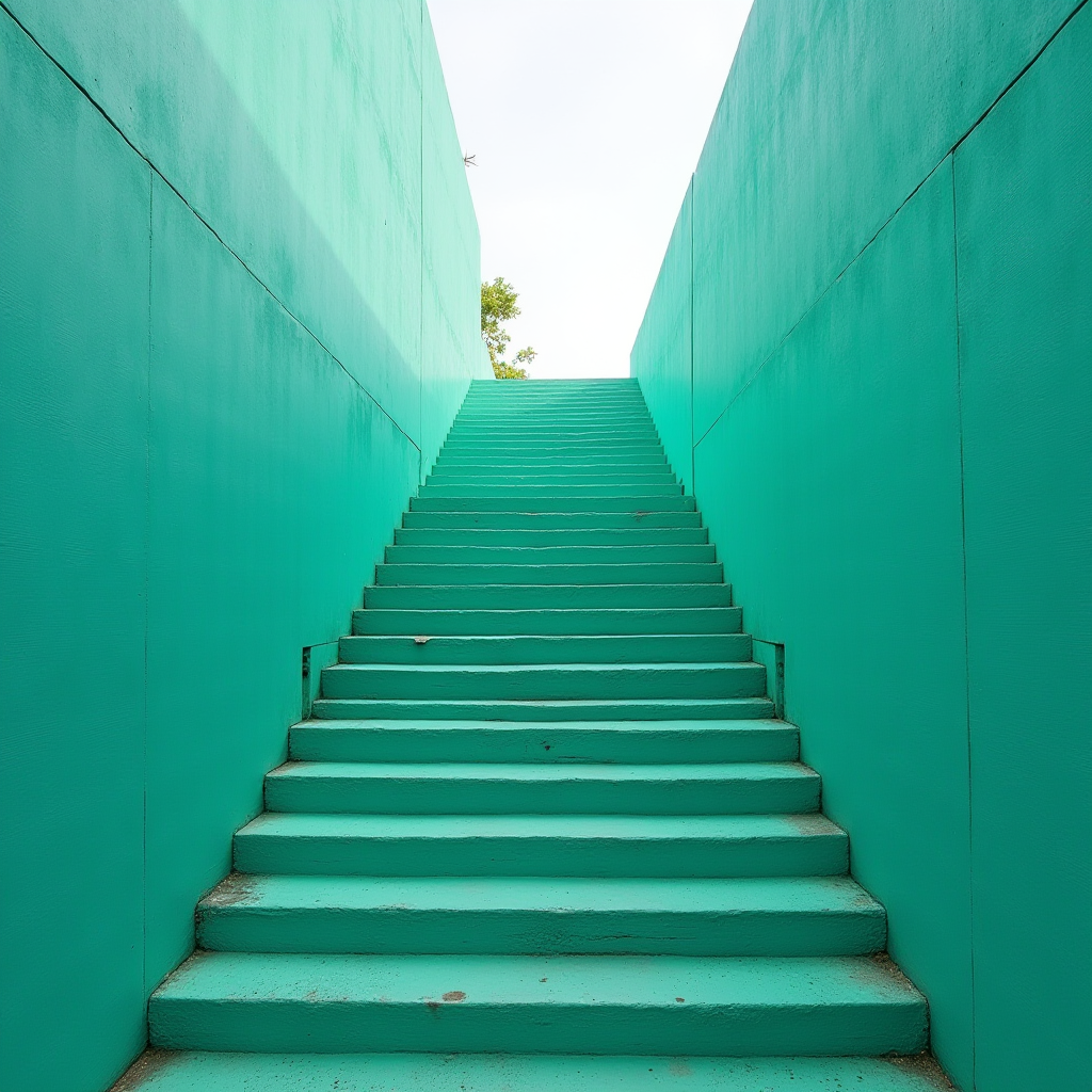 The image depicts an upward-looking view of a staircase painted in a vibrant shade of turquoise. The stairs are framed by walls of the same color, creating a tunnel-like effect. The perspective gives a sense of ascent towards a bright, overexposed sky, suggesting a transition from an enclosed space to an open one. A couple of small leaves are visible on the steps, indicating an outdoor setting, and there is a hint of greenery peeking over the top of the wall, adding a natural element to the scene.