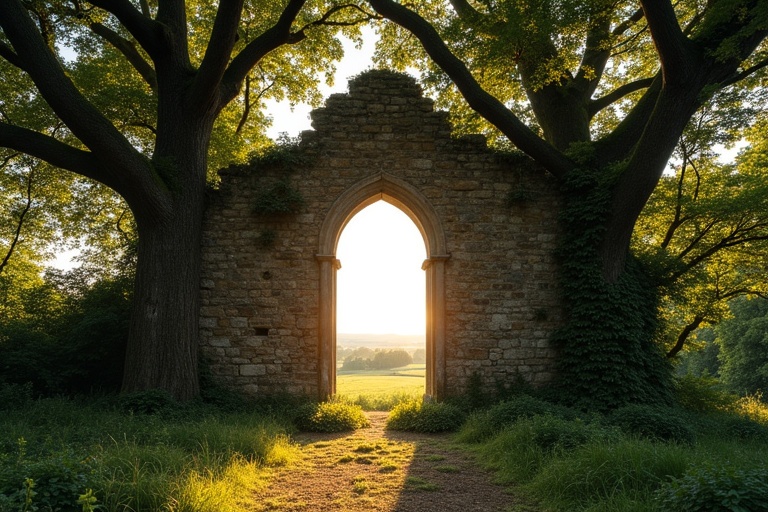 An ancient wall stands in nature surrounded by two tall box trees. The wall is covered with vines and moss. It has a small Romanesque double arched window. In the distance, fields of a plain are visible through the window. The evening sun shines, casting golden light on the wall and treetops. The ground has little vegetation and sunlight slightly illuminates it.