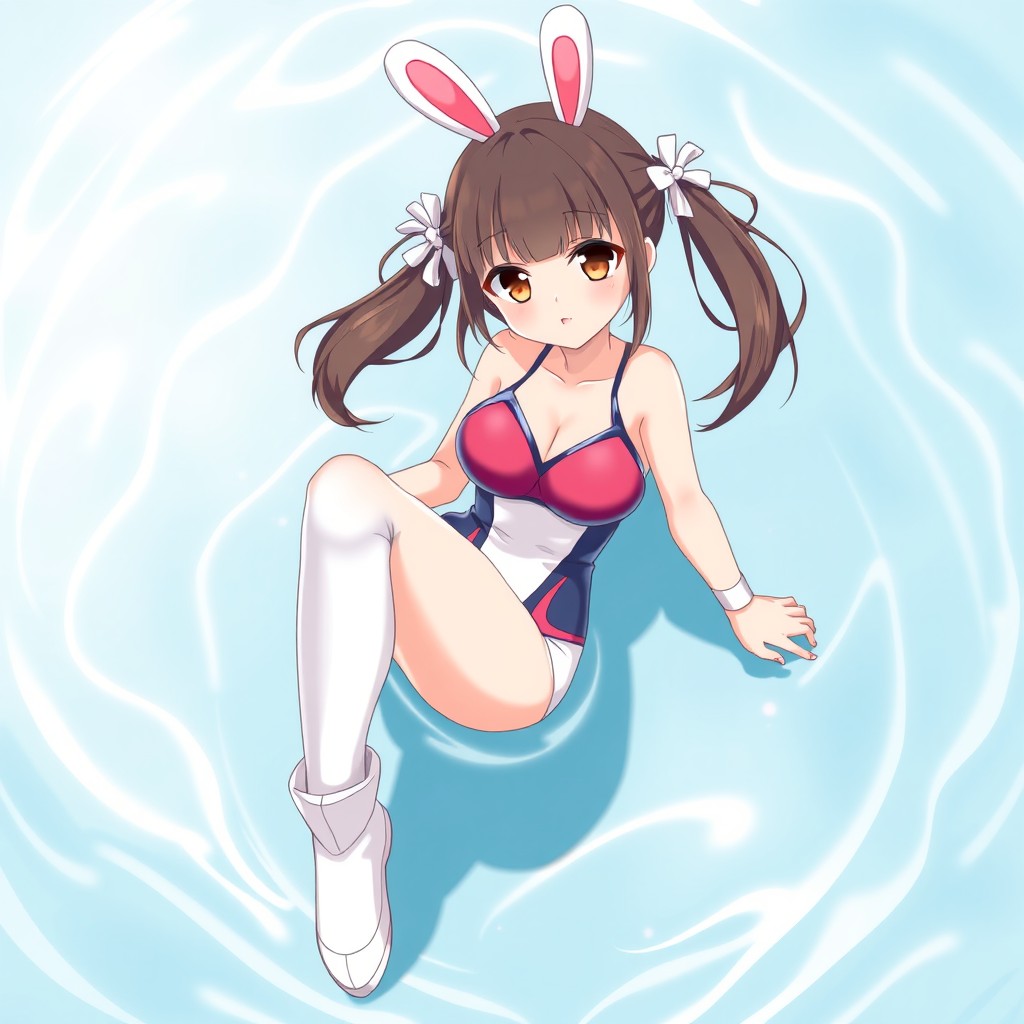 An anime-style character with bunny ears and a swimsuit sitting against a light blue background.