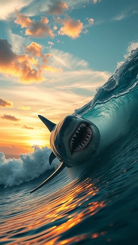 A shark dramatically surfing a wave against a vibrant sunset sky.