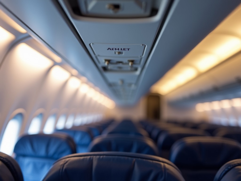 A clear view of the interior of an airplane cabin, showing rows of empty seats and a focus on the overhead storage compartment sign, with ambient lighting from the cabin lights.