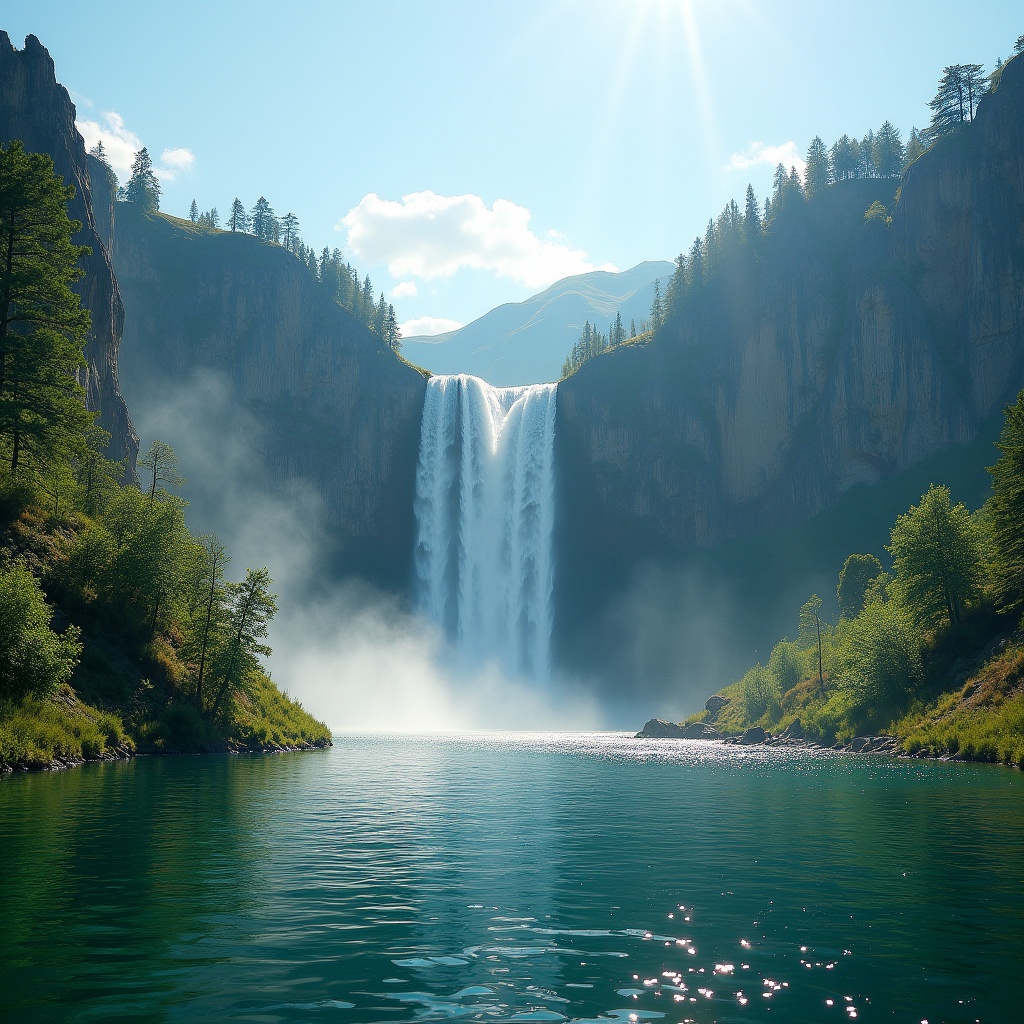 A breathtaking scene of a powerful waterfall cascading down rugged cliffs into a large, serene lake below. The surrounding landscape is lush and green, with dense trees and vibrant vegetation lining the edges of the water. The lake's surface is calm, reflecting the clear blue sky above and the vibrant greenery. The sun shines brightly, casting warm light over the entire scene, creating a sparkling effect on the water and highlighting the mist rising from the base of the waterfall. The atmosphere is peaceful, yet awe-inspiring, with nature in its full, radiant glory.