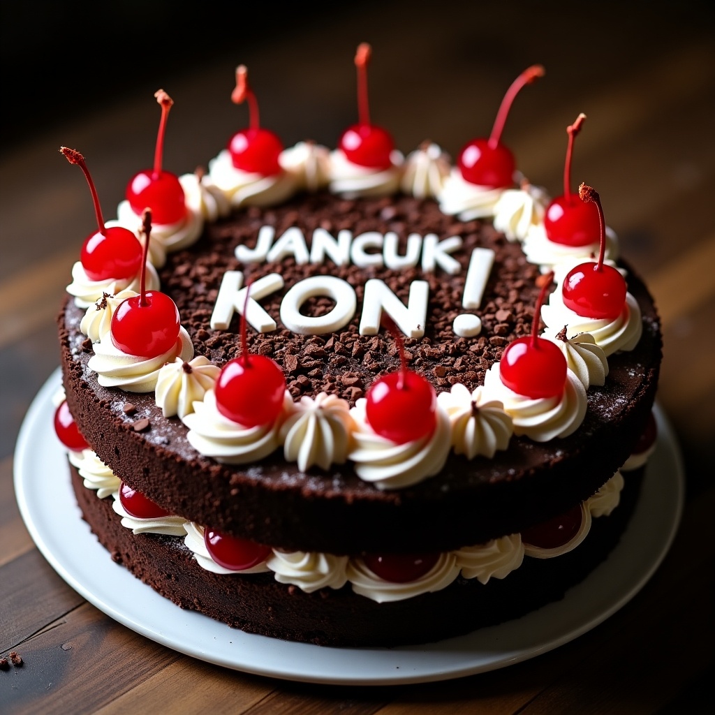 This image features a stunning Black Forest gateau cake showcasing the phrase 'JANCUK KON!' on its top. The cake is adorned with rich chocolate shavings and fluffy white frosting. Bright red cherries crown the cake, creating an appealing contrast with its dark layers. The shot captures the layers and textures, emphasizing the delectable nature of the dessert. It serves as a perfect illustration for food-related content.