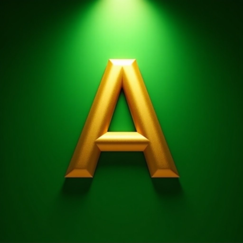 Gold letter A against vibrant green background. Illuminated by spotlight.