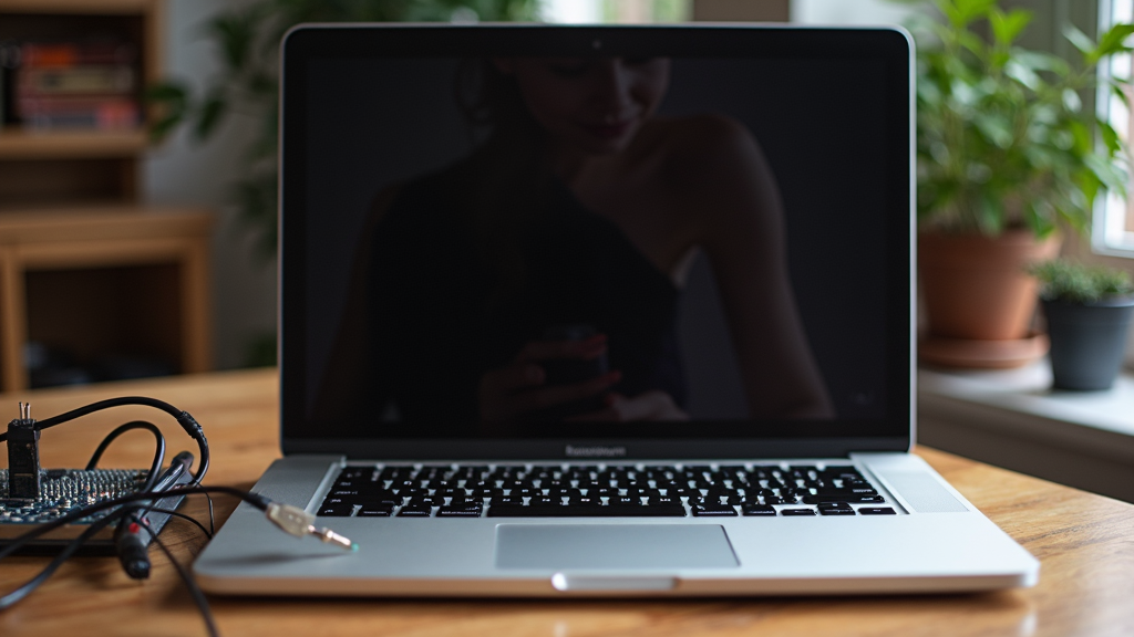 A laptop on a wooden table reflects a faint image of a person, surrounded by plants and electronics.