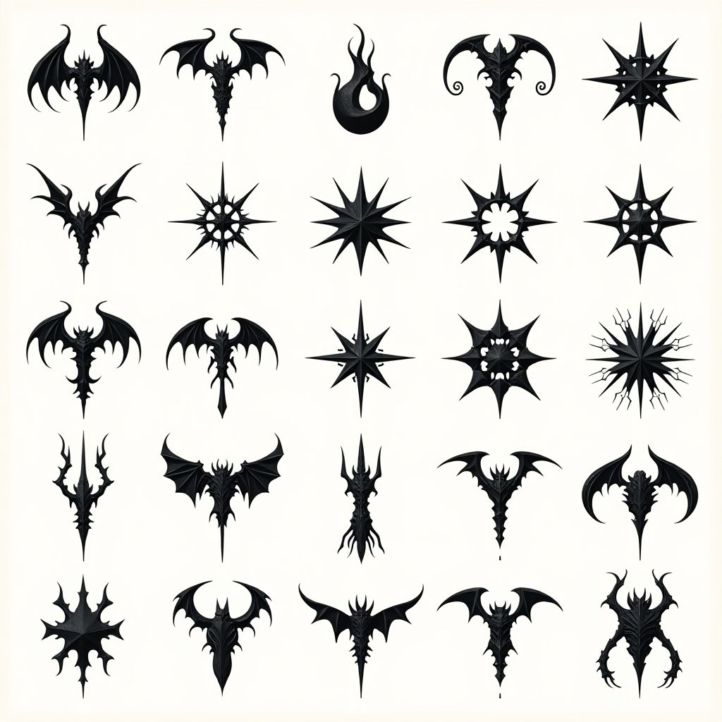 Illustration of a grid filled with intricate eldritch symbols. There are dark fantasy designs featuring bat-like creatures celestial stars and beastly figures. Each symbol exhibits sharp edges and has an otherworldly appearance.