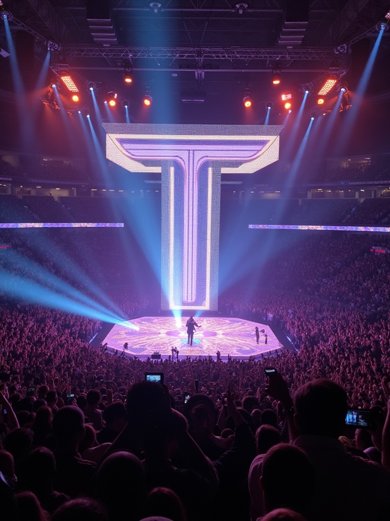 Travis Scott performing at Madison Square Garden. 360 concert stage setup with illuminated 'T'. View captured from above showcasing the crowd and lighting.