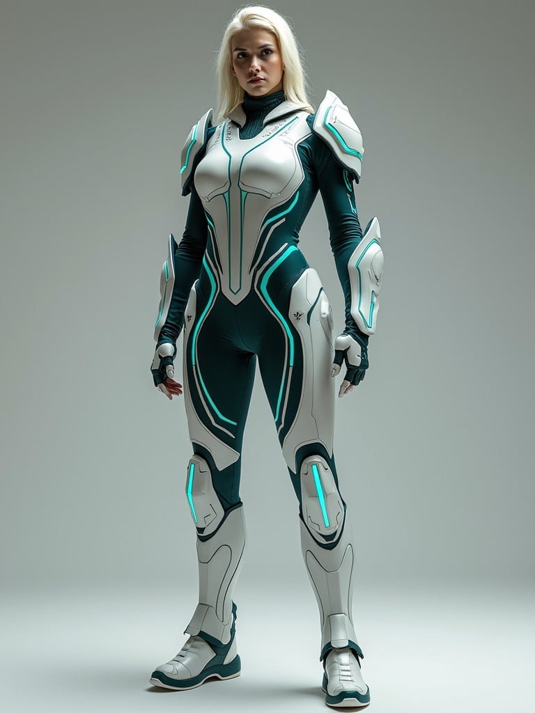 Hero costume designed for agility and speed features streamlined armor with white and teal accents. Boots equipped with special soles enhance movement control.