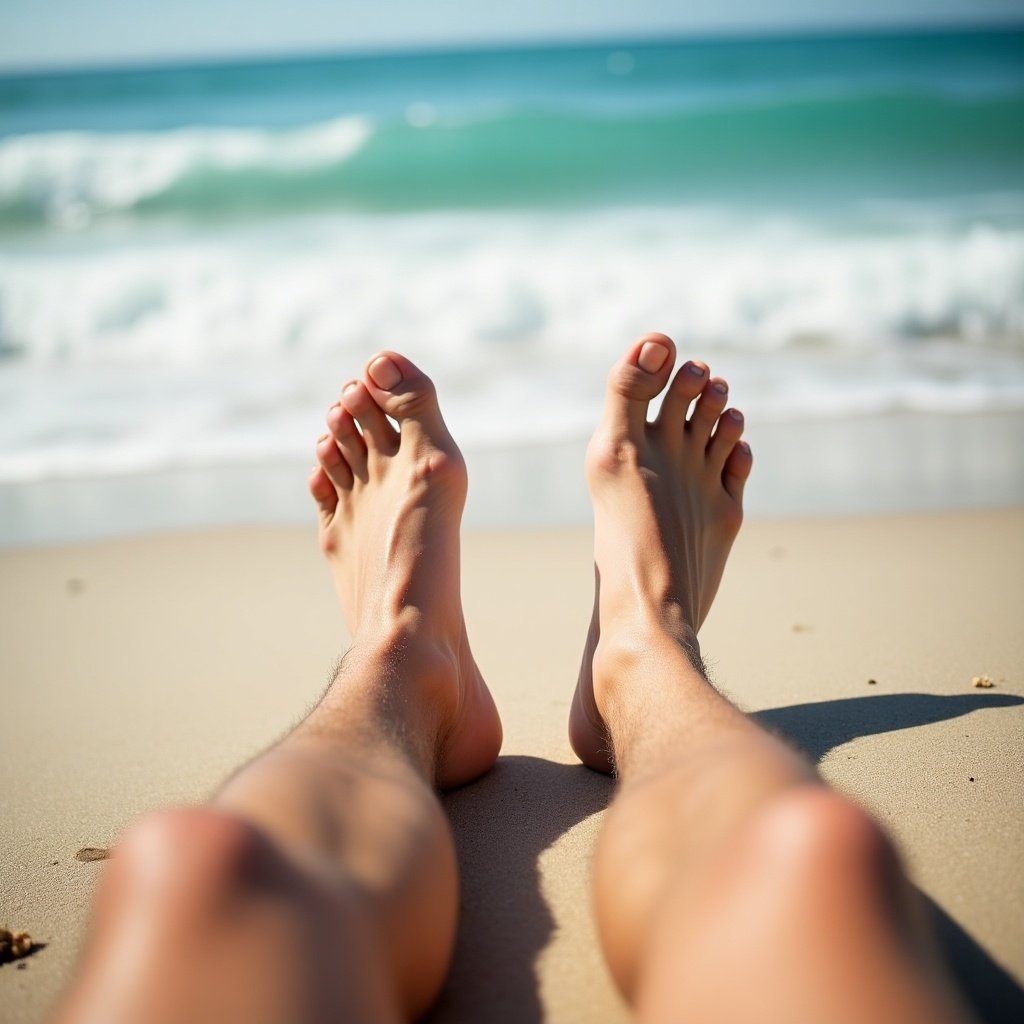 Close-up of male feet on sandy beach. Ocean waves visible in the background. Natural sunlight. Relaxed summer vibe.